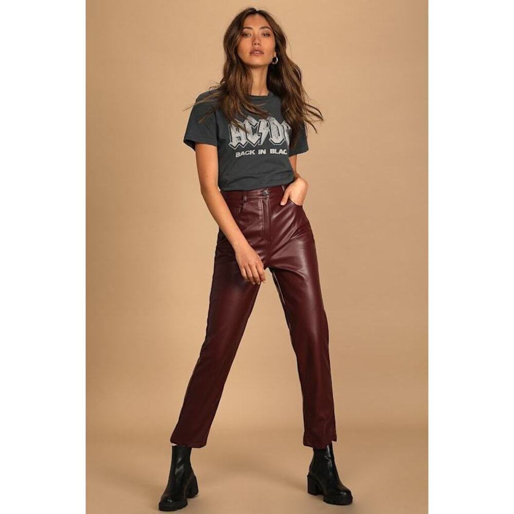 Lulus Hit Your Mark Burgundy Maroon Vegan Leather Straight Leg Pants Red L Large